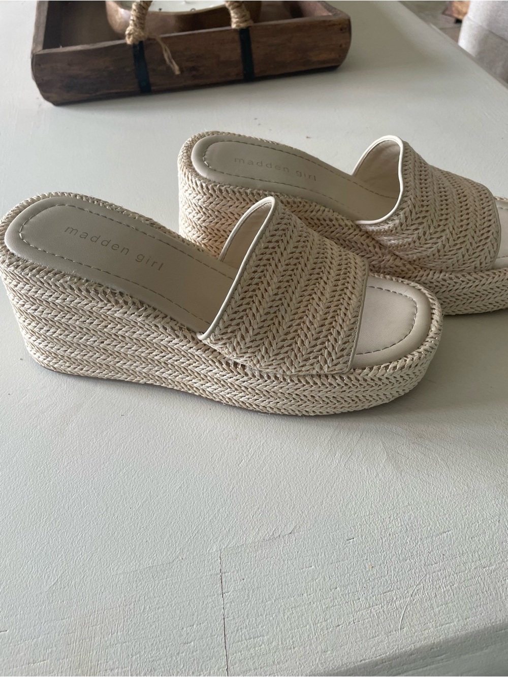Madden Girl Beige Woven Platform Slide Sandals